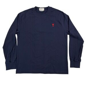 Ami Paris Navy Blue Long Sleeve Ami de Coeur Heart Logo T-Shirt UTS200.701